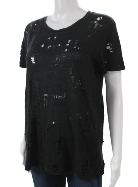 IRO Womens Basic Linen Black Short Sleeve T Shirt Round Neck Size 34