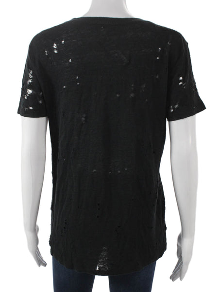 IRO Womens Basic Linen Black Short Sleeve T Shirt Round Neck Size 34