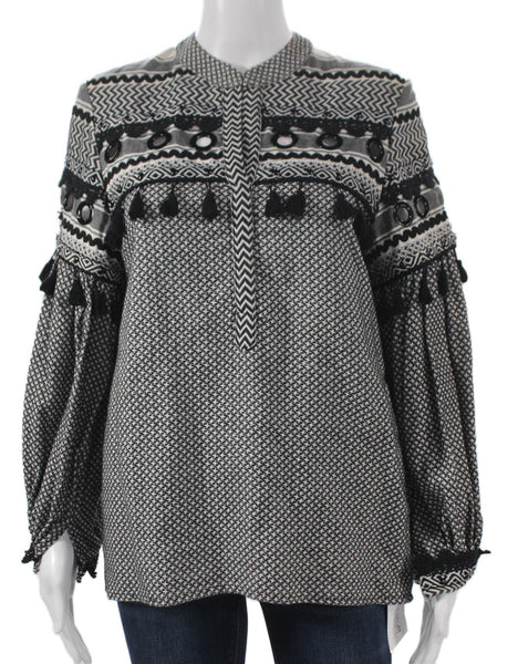 Dodo Bar Or Women Geometric Cotton Tunic Blouse Black Long Sleeve Size S