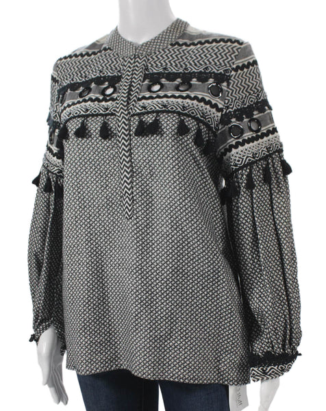 Dodo Bar Or Women Geometric Cotton Tunic Blouse Black Long Sleeve Size S