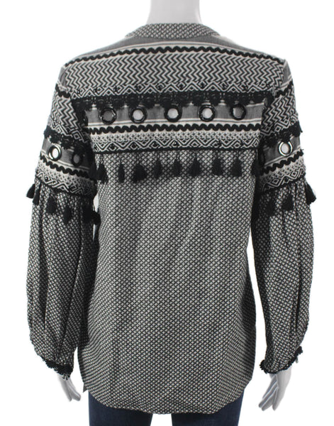 Dodo Bar Or Women Geometric Cotton Tunic Blouse Black Long Sleeve Size S