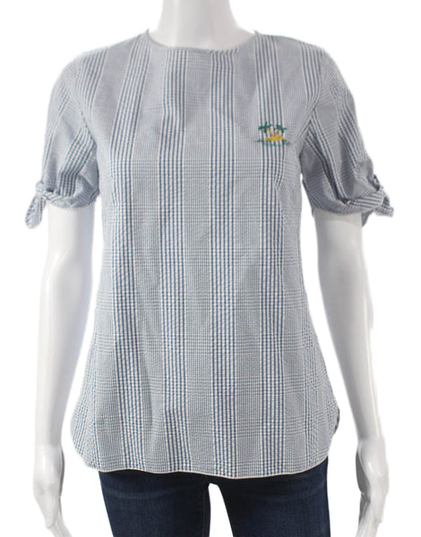 Maison Labiche Women Blue Check Cotton Short Sleeve Blouse Size XS