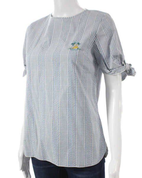 Maison Labiche Women Blue Check Cotton Short Sleeve Blouse Size XS