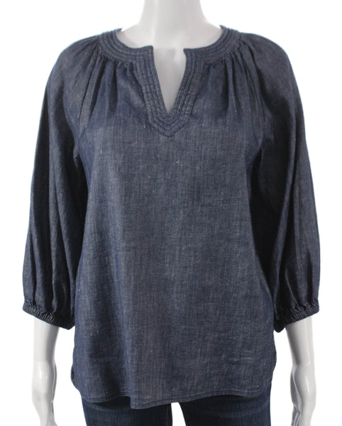 Ann Mashburn Women Tunic Blue V-Neck 3/4 Sleeve Linen Size XS