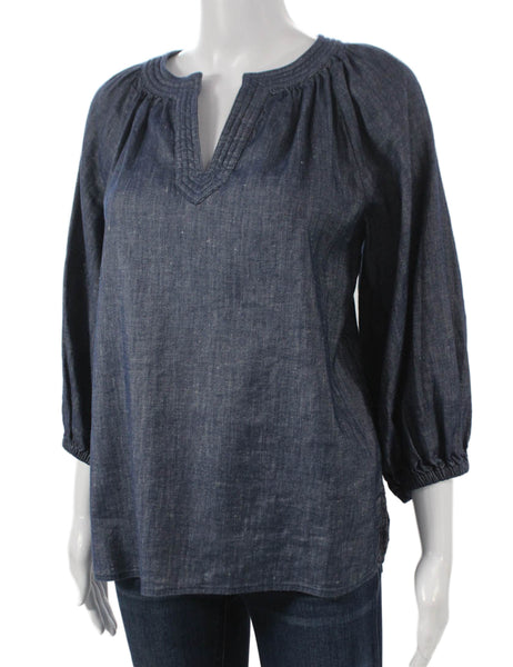 Ann Mashburn Women Tunic Blue V-Neck 3/4 Sleeve Linen Size XS