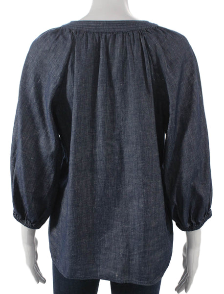 Ann Mashburn Women Tunic Blue V-Neck 3/4 Sleeve Linen Size XS