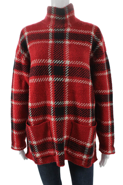Zara Women Pullover Sweater Red Plaid High Neck Long Sleeve Polyester Size S
