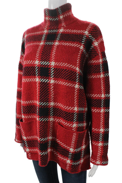 Zara Women Pullover Sweater Red Plaid High Neck Long Sleeve Polyester Size S
