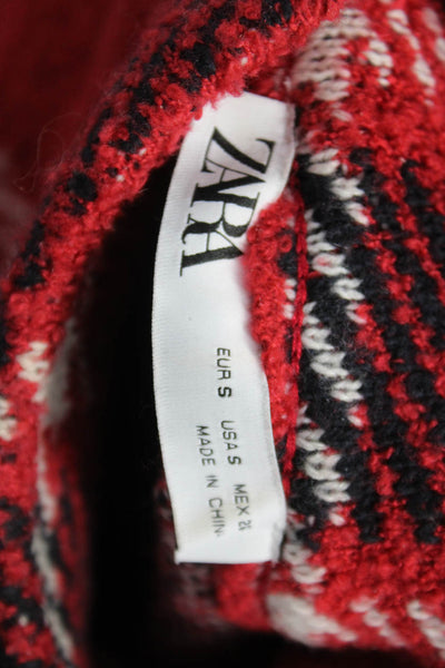 Zara Women Pullover Sweater Red Plaid High Neck Long Sleeve Polyester Size S