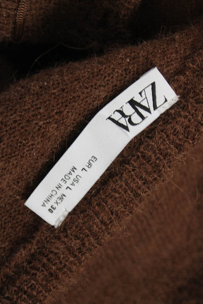 Zara Women Brown V-Neck Long Sleeve Cardigan Polyester Solid Fall Size L