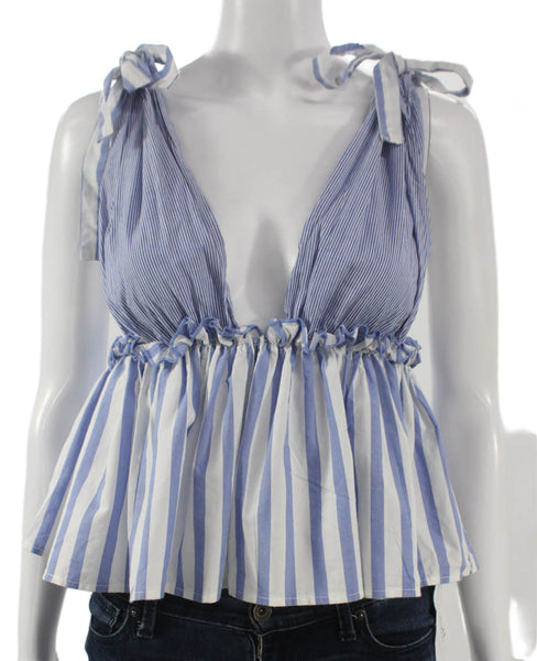 Solemio Womens Sleeveless V-Neck Striped Cotton Blouse Blue Size S