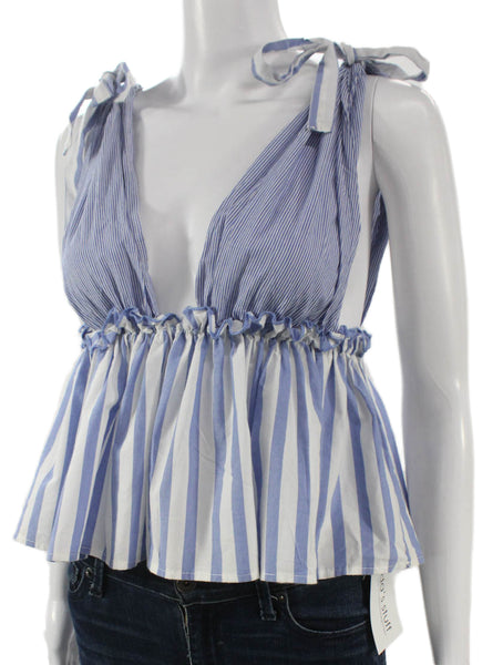 Solemio Womens Sleeveless V-Neck Striped Cotton Blouse Blue Size S