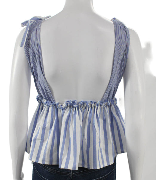 Solemio Womens Sleeveless V-Neck Striped Cotton Blouse Blue Size S