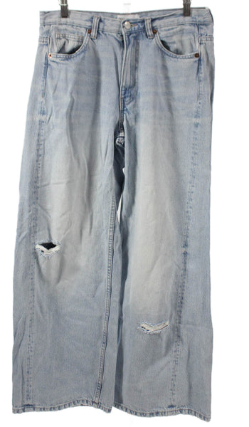 Zara Womens Wide Leg Denim Jeans Blue High Rise Button Inseam 29 Size 6