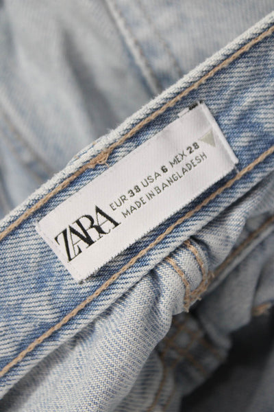 Zara Womens Wide Leg Denim Jeans Blue High Rise Button Inseam 29 Size 6