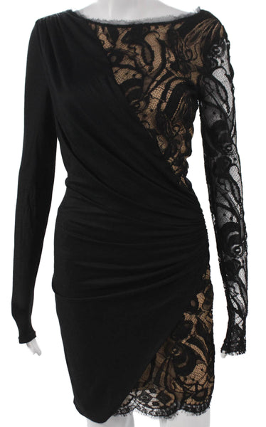 Emilio Pucci Women Black Wool Wrap Dress Boat Neck Long Sleeve Short Size XS