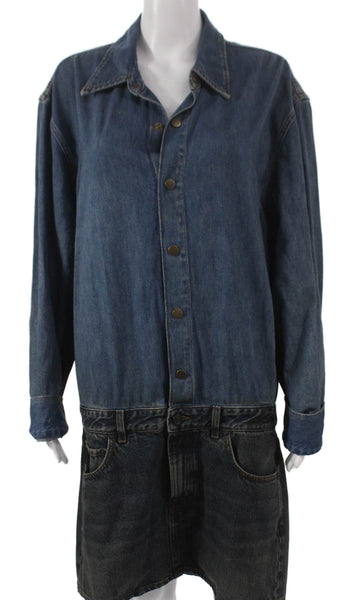 Haikure Women Shirt Dress Blue Cotton Collared Button Long Sleeve Short Size L
