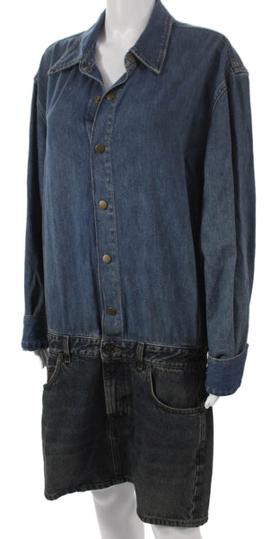Haikure Women Shirt Dress Blue Cotton Collared Button Long Sleeve Short Size L
