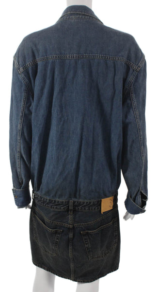 Haikure Women Shirt Dress Blue Cotton Collared Button Long Sleeve Short Size L