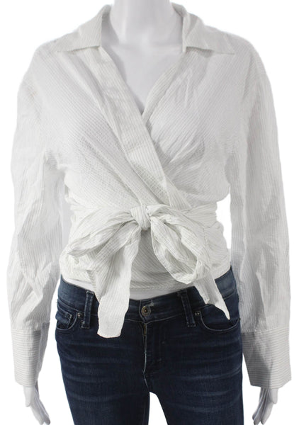 Zara Women Cropped White Viscose Collared Striped Long Sleeve Blouse Size M