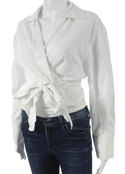 Zara Women Cropped White Viscose Collared Striped Long Sleeve Blouse Size M