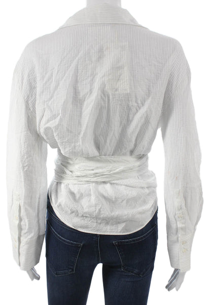 Zara Women Cropped White Viscose Collared Striped Long Sleeve Blouse Size M