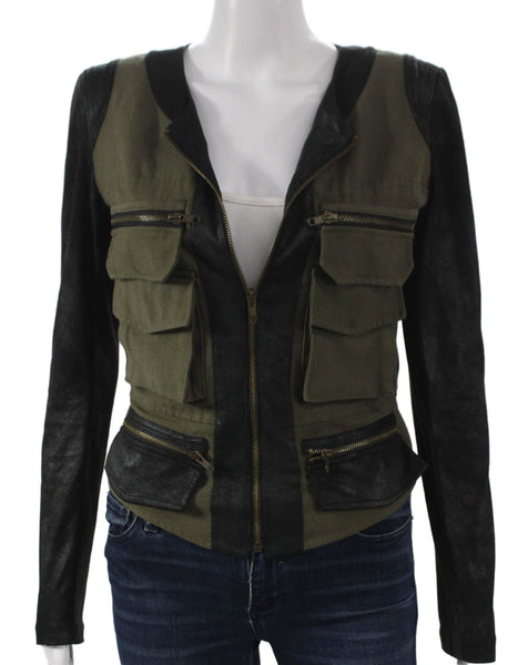 Georgie Womens Military Jacket Green Cotton Zip Solid Long Sleeve Fall Size S