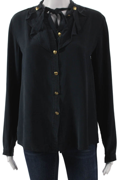 Club Monaco Womens Basic Silk Collared Long Sleeve Blouse Black Size L
