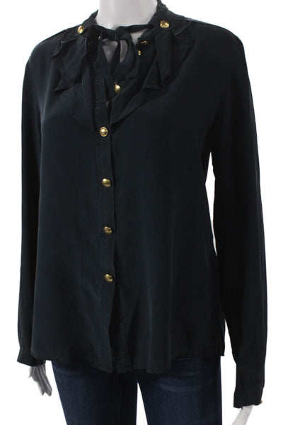 Club Monaco Womens Basic Silk Collared Long Sleeve Blouse Black Size L