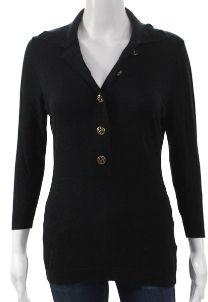 Tory Burch Women Henley Wool Collared Sweater Black 3/4 Sleeve Size M