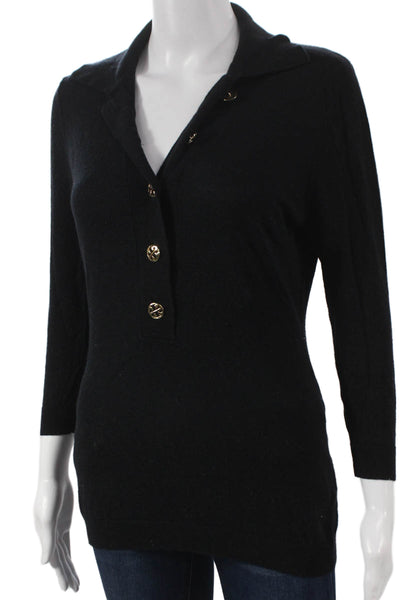 Tory Burch Women Henley Wool Collared Sweater Black 3/4 Sleeve Size M