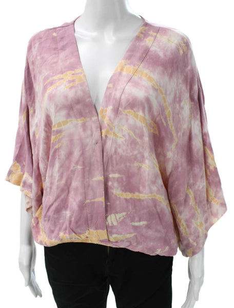 Young Fabulous & Broke Women Kimono Blouse Tie Dye Pink VNeck 3/4 Sleeve Size S