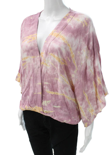 Young Fabulous & Broke Women Kimono Blouse Tie Dye Pink VNeck 3/4 Sleeve Size S