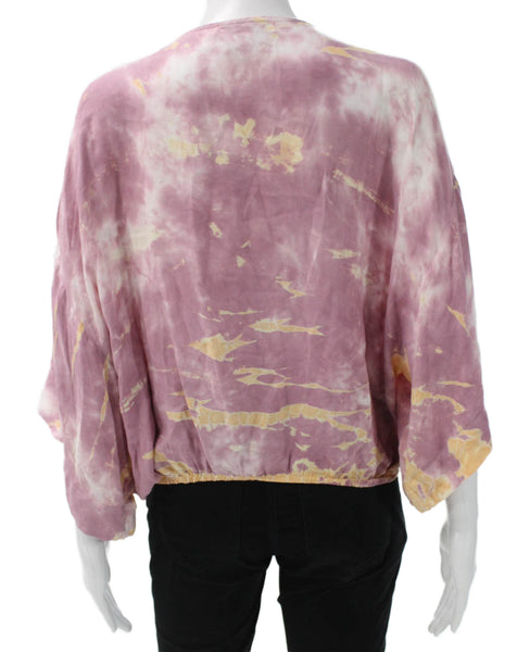 Young Fabulous & Broke Women Kimono Blouse Tie Dye Pink VNeck 3/4 Sleeve Size S