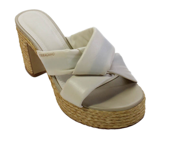 Ferragamo Women's Open Toe Platform Block Heel Sandals Beige Size 10
