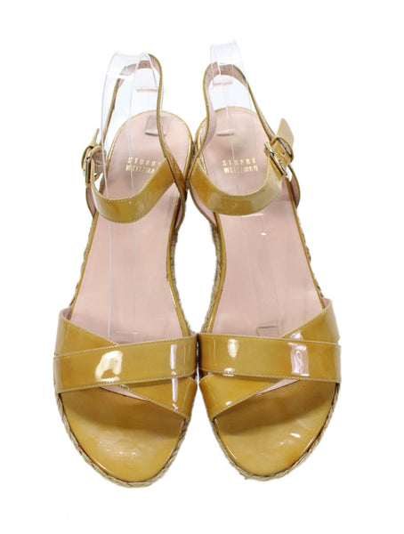 Stuart Weitzman Womens Patent Leather Espadrille Platform Sandals Beige Size 11