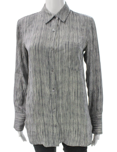 Theory Women Silk Striped Tunic Button-Up Black Collared Long Sleeve Size PP
