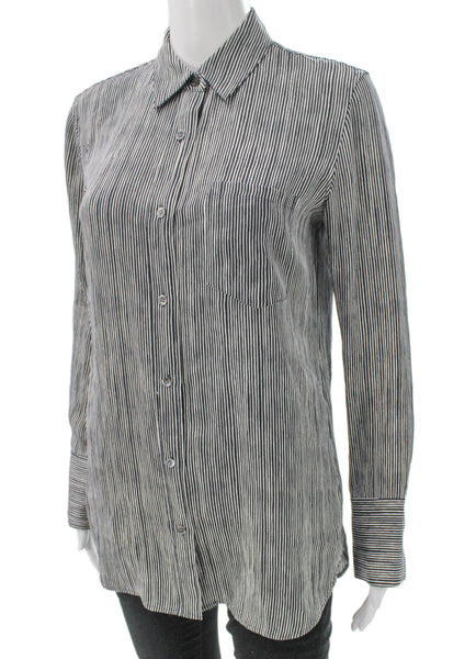 Theory Women Silk Striped Tunic Button-Up Black Collared Long Sleeve Size PP