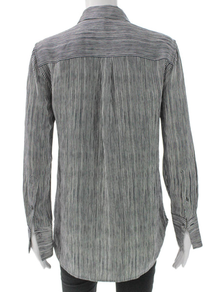 Theory Women Silk Striped Tunic Button-Up Black Collared Long Sleeve Size PP