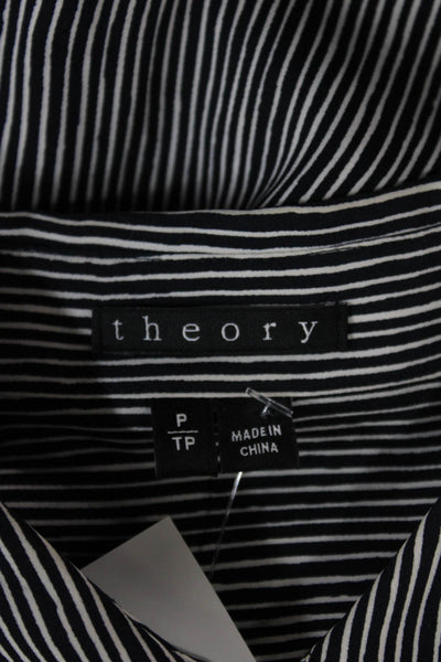 Theory Women Silk Striped Tunic Button-Up Black Collared Long Sleeve Size PP