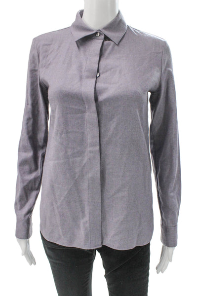 Theory Women Virgin Wool Collared Button-Up Blouse Gray Long Sleeve Size PP