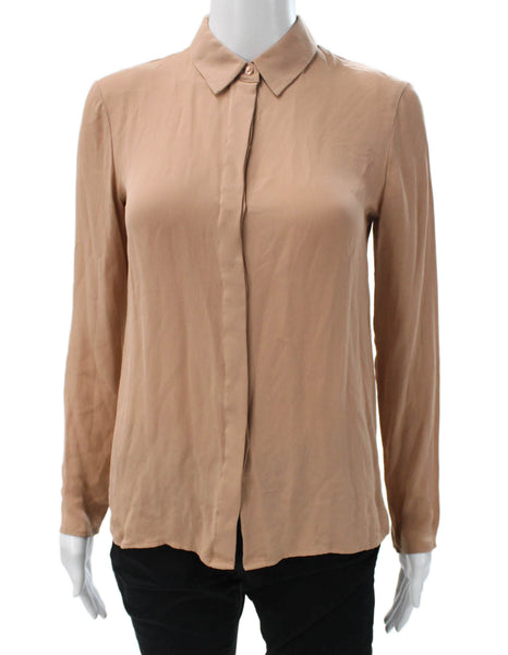 Theory Women Silk Collared Button Long Sleeve Basic Blouse Beige Size PP