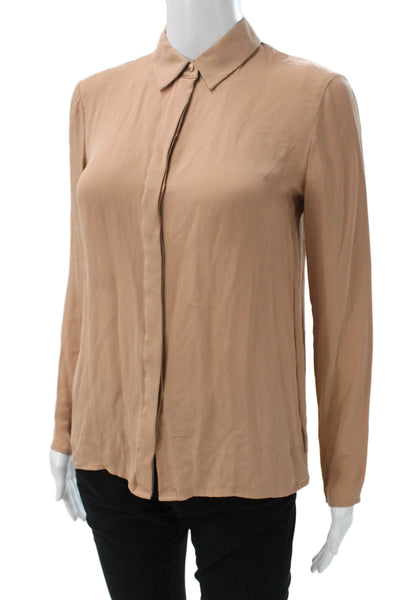 Theory Women Silk Collared Button Long Sleeve Basic Blouse Beige Size PP