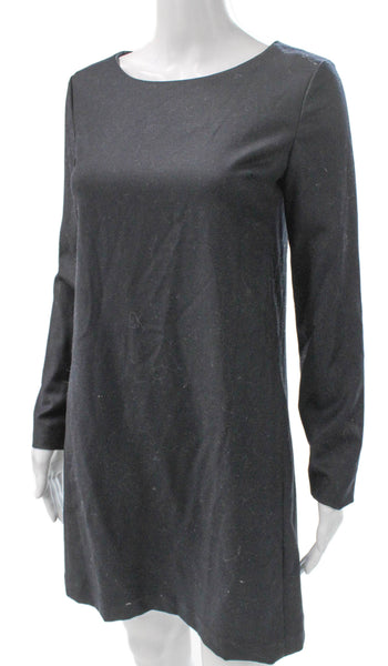 Theory Women Shift Dress Black Virgin Wool Boat Neck Long Sleeve Size PP