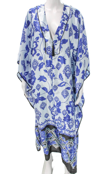 Oscar de la Renta Women Kaftan Dress Blue Floral V Neck Mid Calf Size S