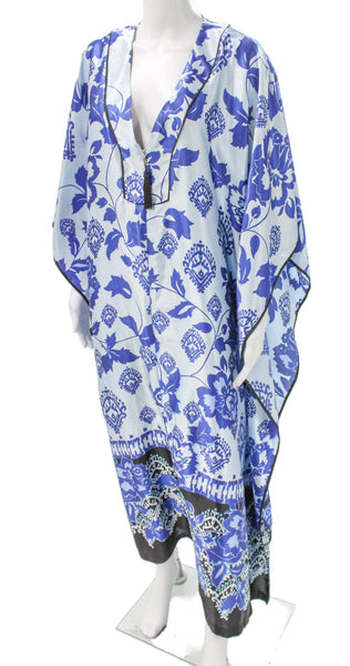 Oscar de la Renta Women Kaftan Dress Blue Floral V Neck Mid Calf Size S