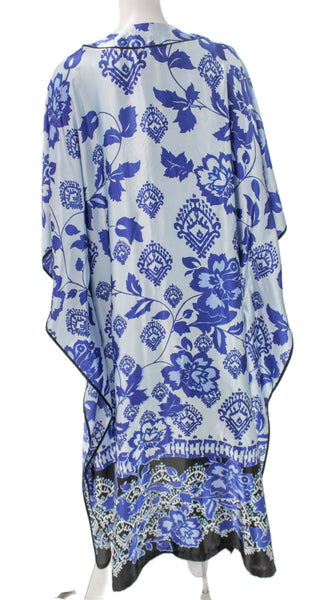 Oscar de la Renta Women Kaftan Dress Blue Floral V Neck Mid Calf Size S