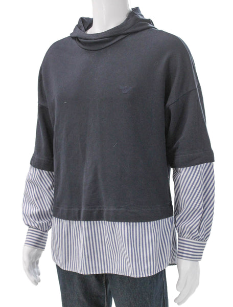 Emporio Armani Mens Pullover Hoodie Blue Cotton Mock Neck Size M