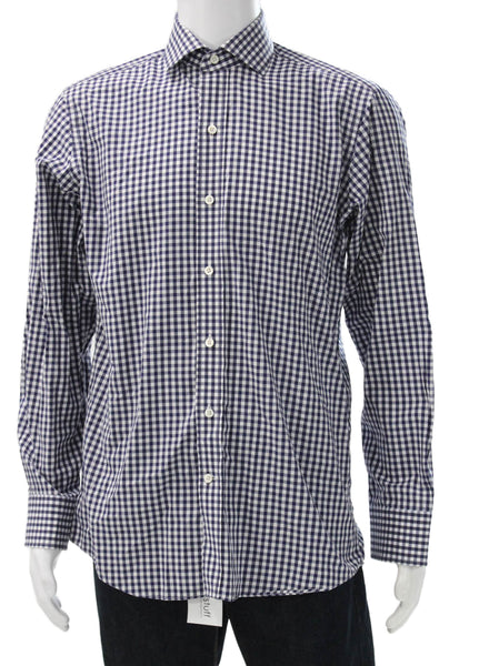 Ledbury Mens Plaid Button Down Shirt Navy Blue White Cotton Size 15.5 39