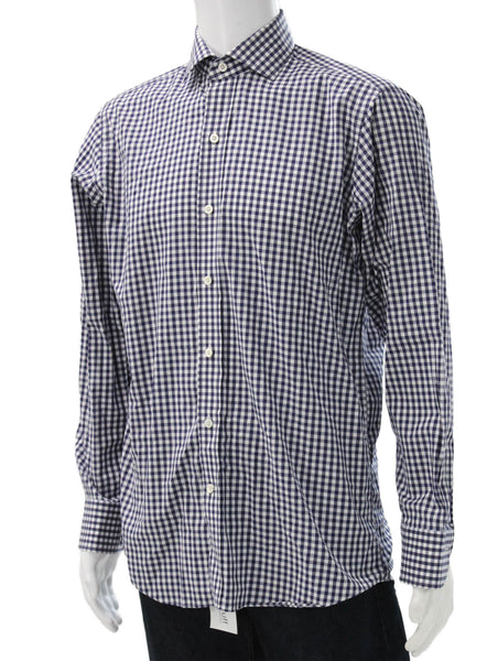 Ledbury Mens Plaid Button Down Shirt Navy Blue White Cotton Size 15.5 39